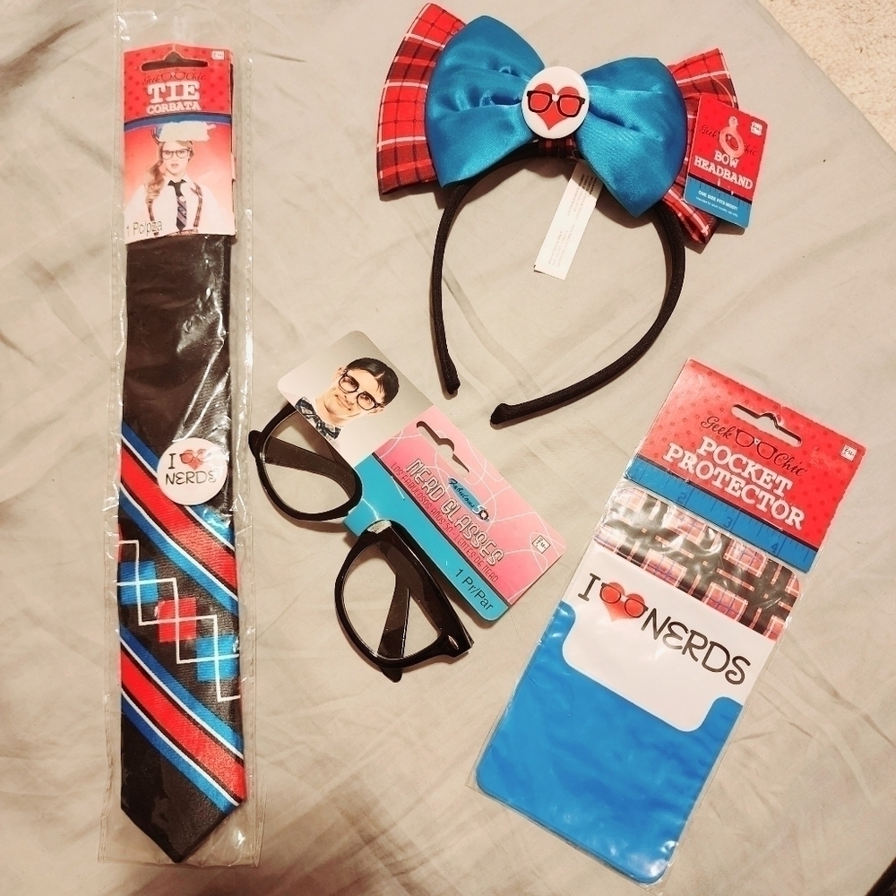 NWT Geek Chic Nerd Halloween Costume Headpiece Tie Glasses Pocket Protector New